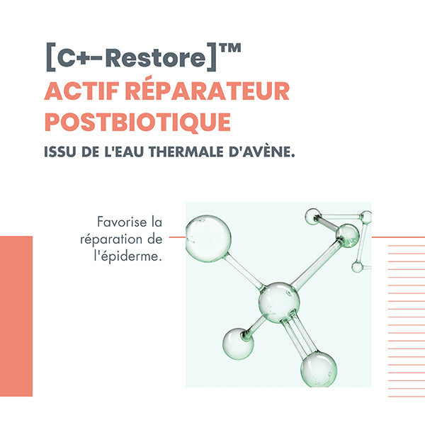 Avène Cicalfate+, key ingredient: C+-Restore postbiotic with a molecule illustration