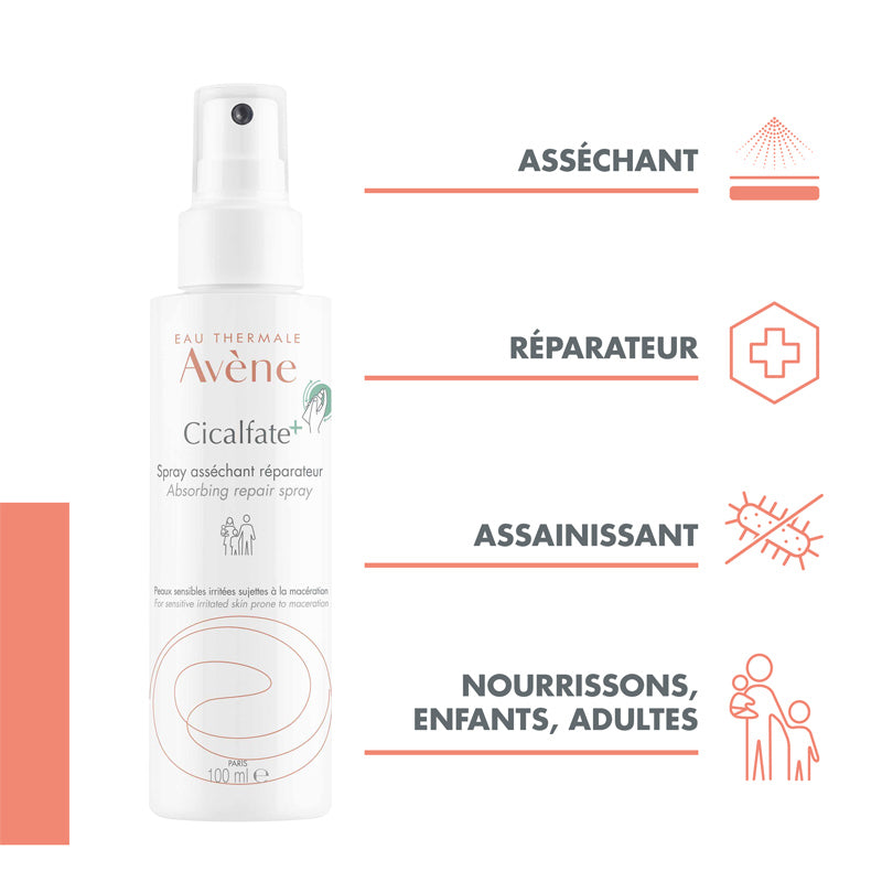 Avène Cicalfate+, spray bottle with four feature icons in French