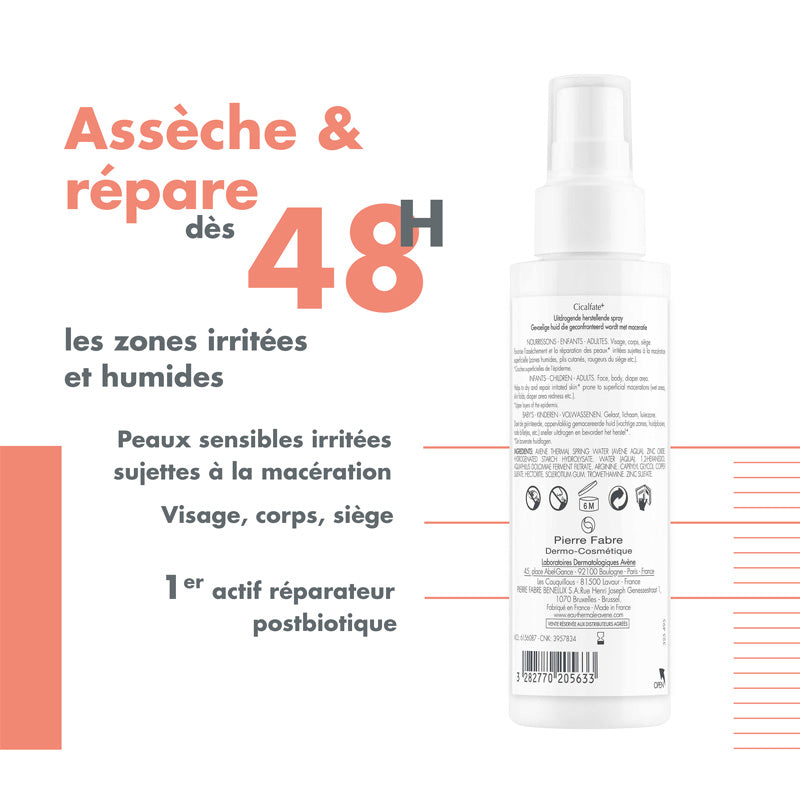 Avène Cicalfate+, back of the spray bottle with benefits in French