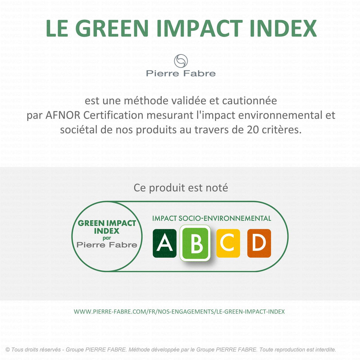 Avène Cicalfate+, Pierre Fabre Green Impact Index infographic in French
