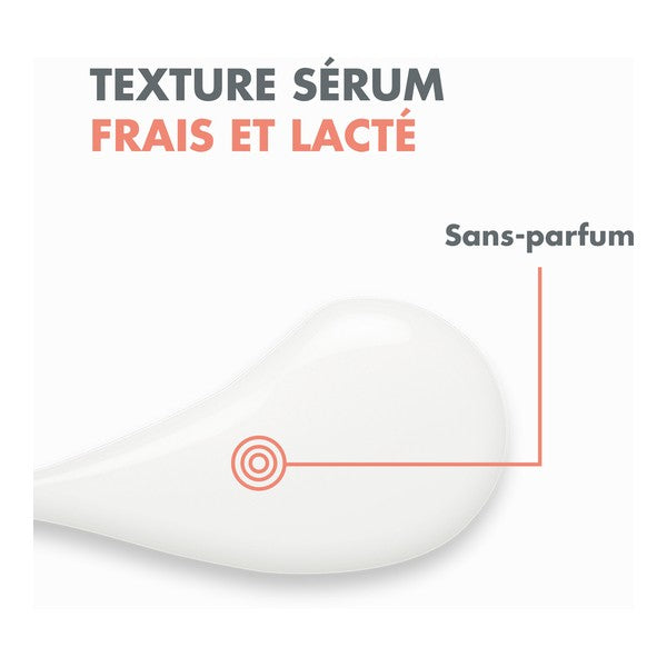 Avène Cicalfate+, serum texture swatch with callouts in French