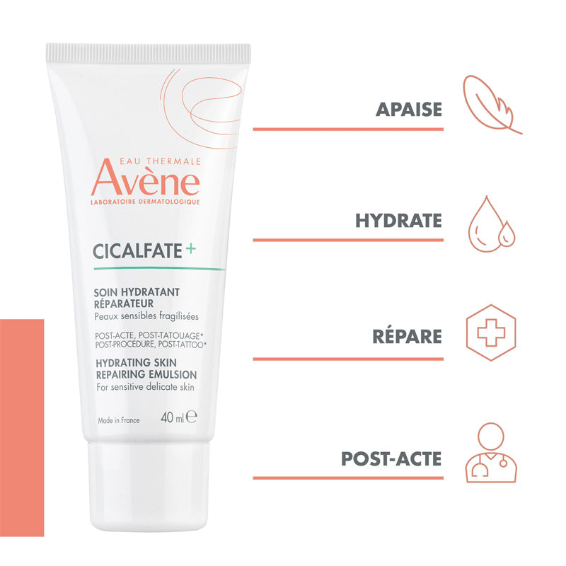 Avène Cicalfate, tube with four feature icons in French