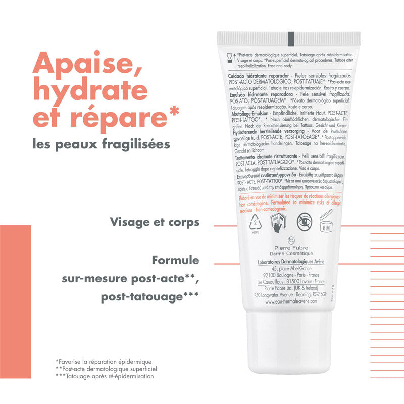 Avène Cicalfate, back of the tube with callouts in French