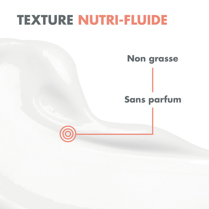 Avène Cicalfate, fluid texture swatch with callouts in French