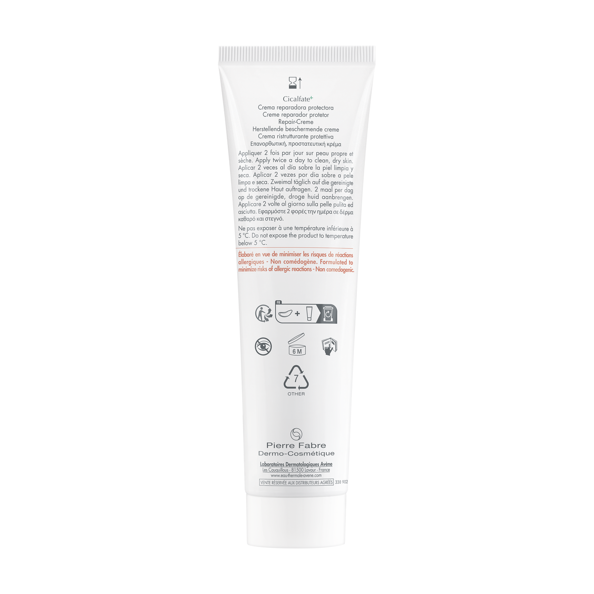 Avène Cicalfate+, back of the tube with multilingual directions