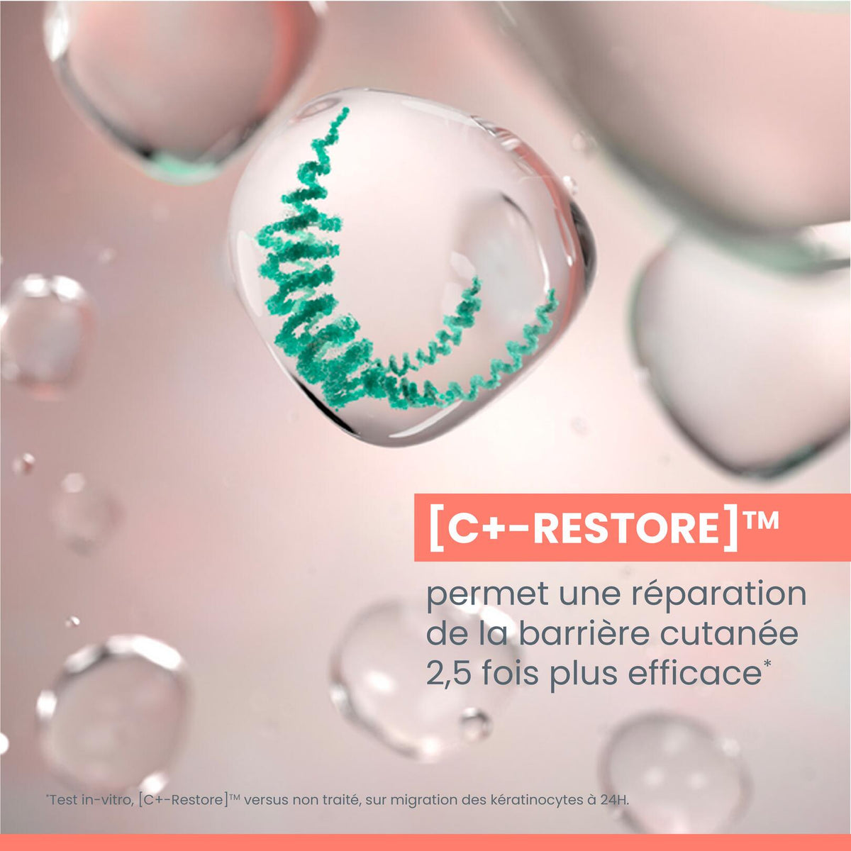 Avène Cicalfate+, key ingredient: C+-Restore with bubbles and a green helix