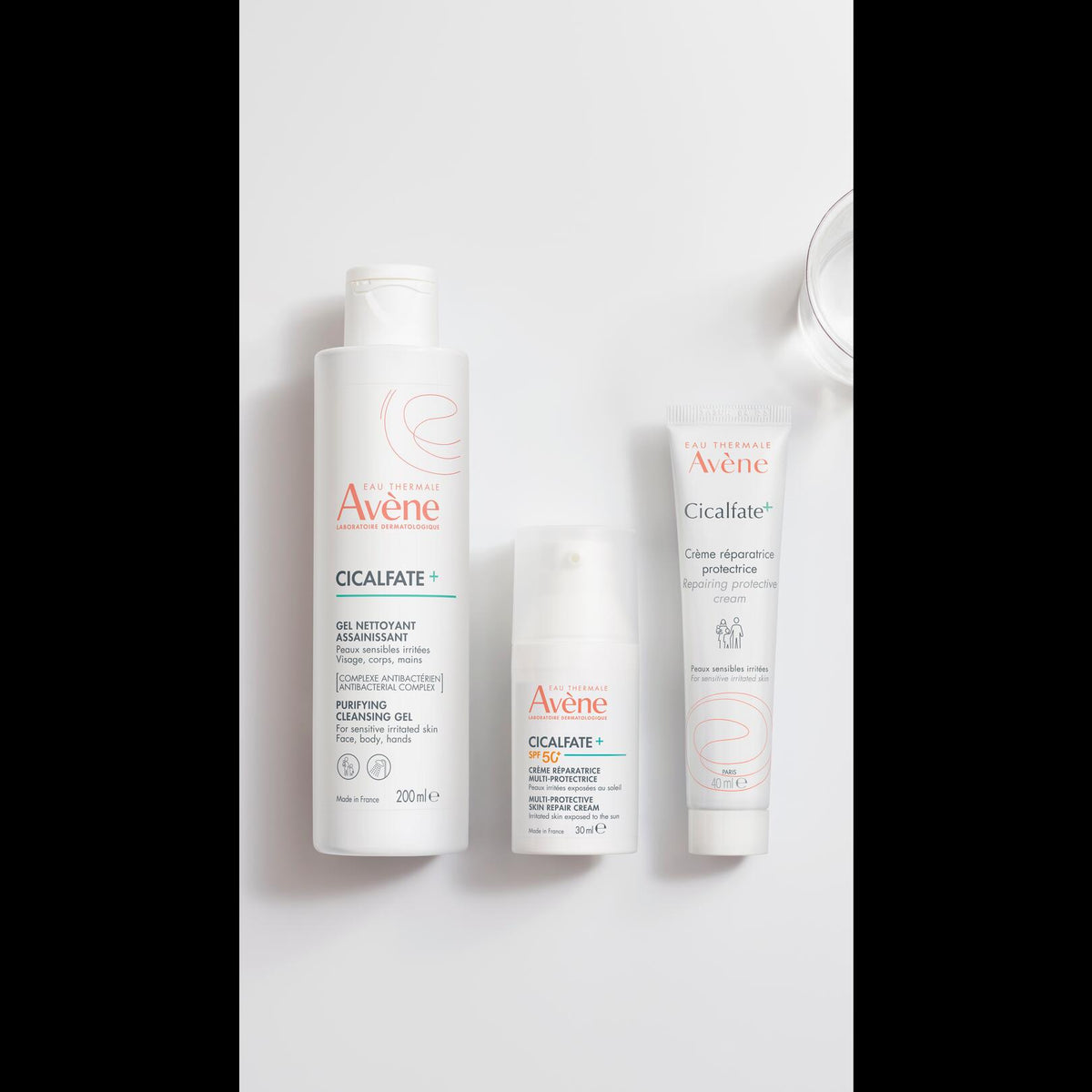 Avène Cicalfate+, range of three products side by side