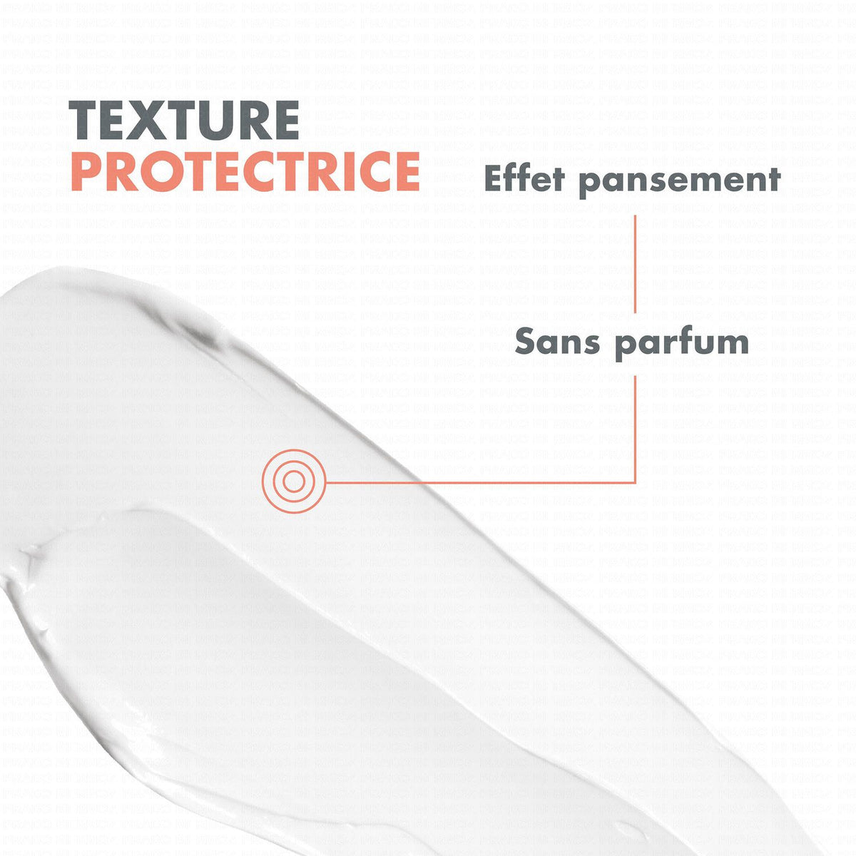 Avène Cicalfate+, cream texture swatch with callouts in French