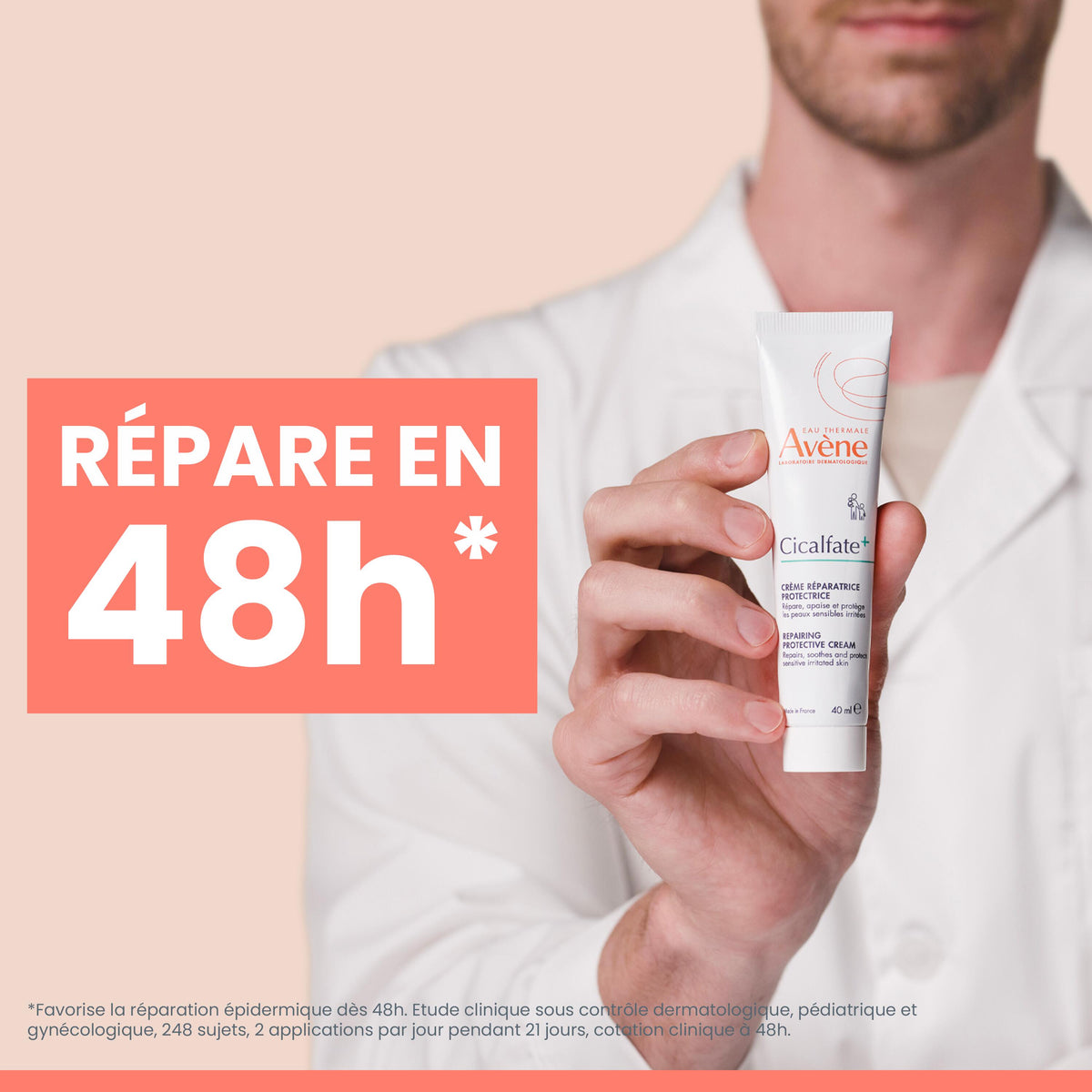 Avène Cicalfate+, man in a white coat holding the tube with a banner in French