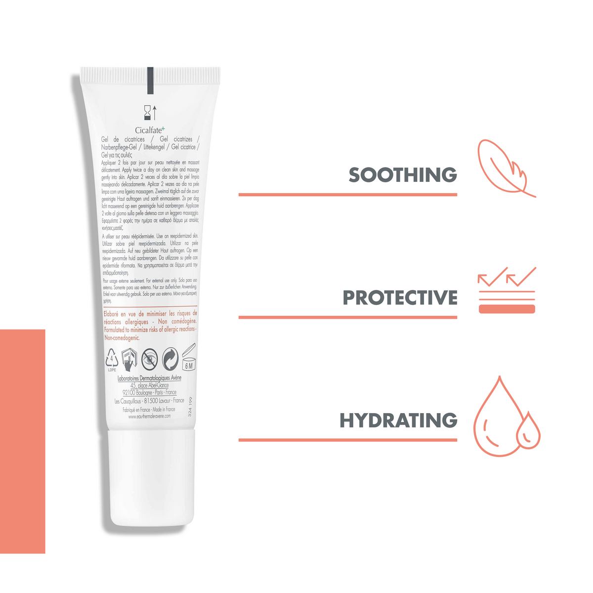 Avène Cicalfate+, back of the tube with three feature icons