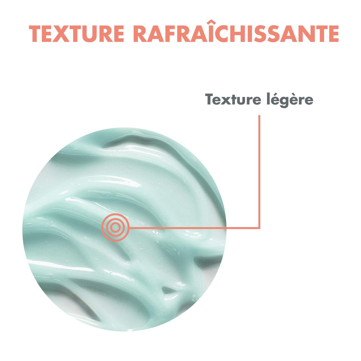Avène Cleanance, gel texture swatch with captions in French