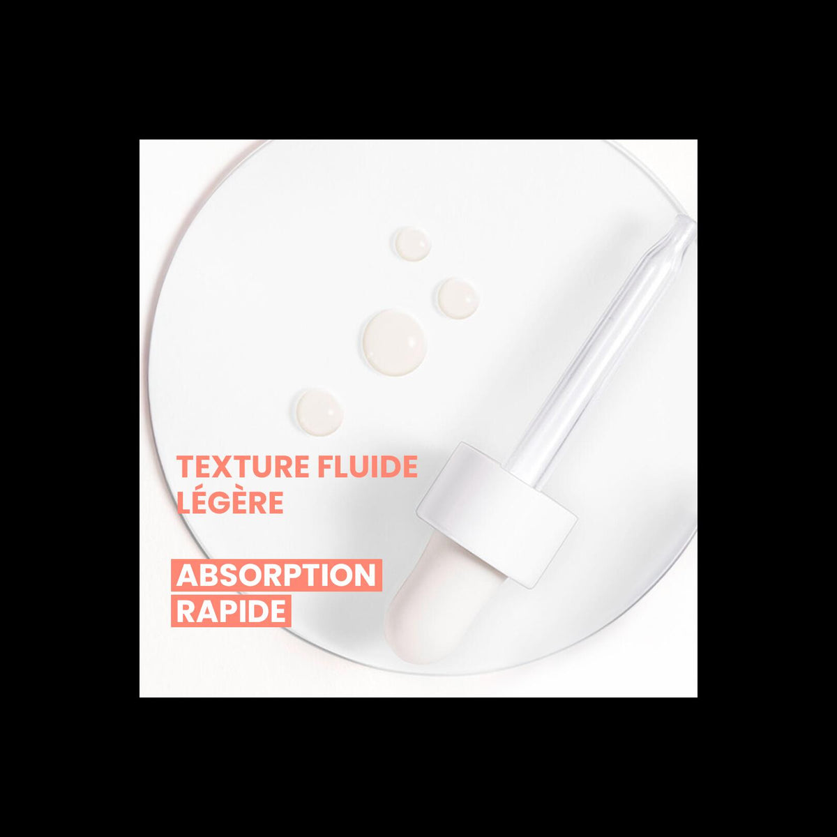 Avène Cleanance, serum texture swatch with a dropper and captions in French