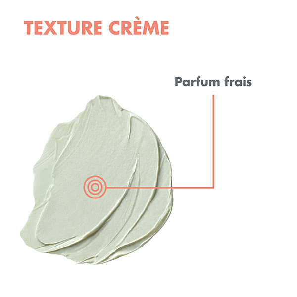 Avène Cleanance, cream texture swatch with captions in French