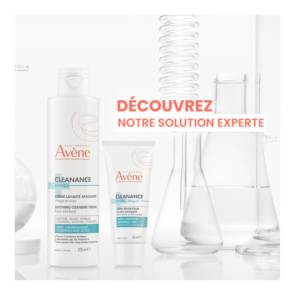 Avène Cleanance, cleansing cream bottle and tube with lab glassware