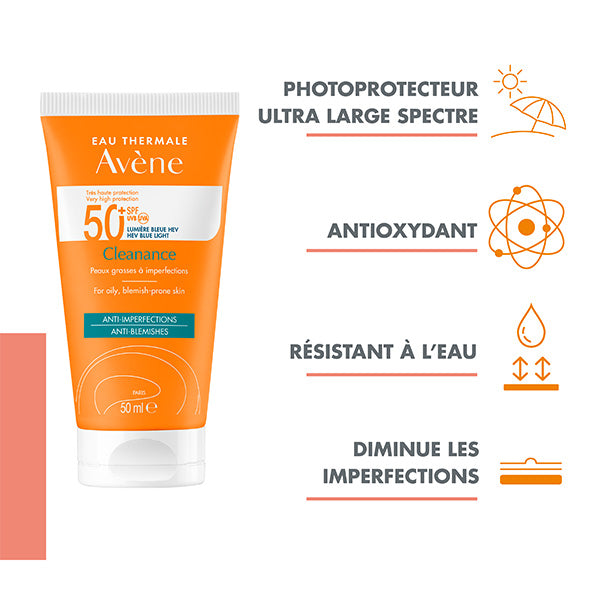 Avène Cleanance, tube with four feature icons in French