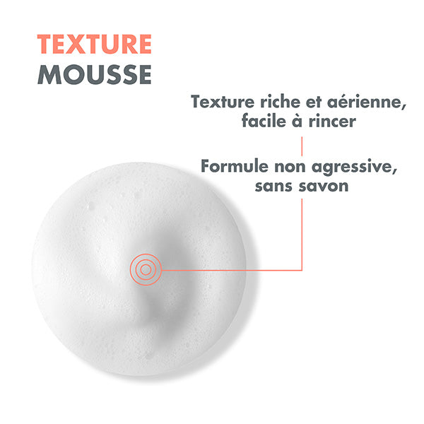 Avène Cleansing Foam, foam texture swatch with captions in French