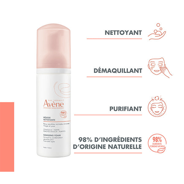 Avène Cleansing Foam, pump bottle with four feature icons in French