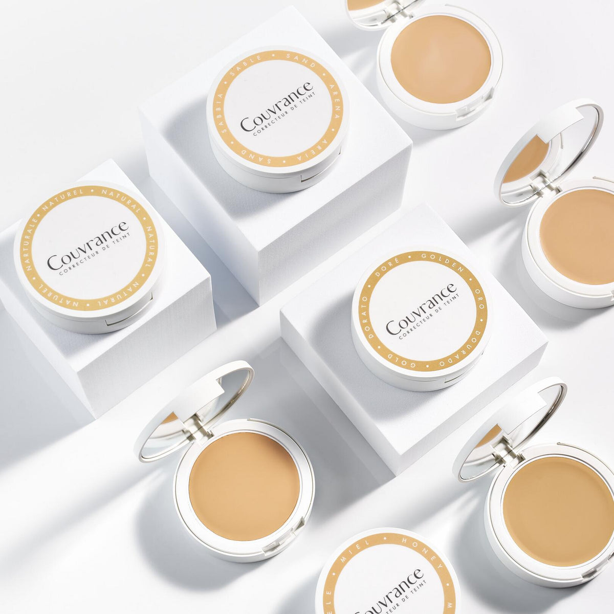 Avène Couvrance, open compacts on white cubes