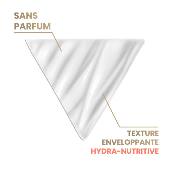 Avène DermAbsolu, cream texture swatch with captions in French