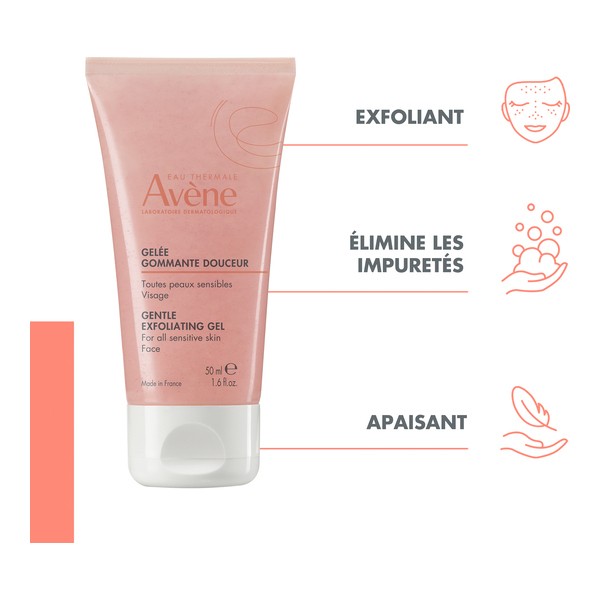 Avène Gentle Exfoliating Gel, tube with three feature icons in French