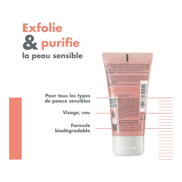 Avène Gentle Exfoliating Gel, back of the tube with benefits in French