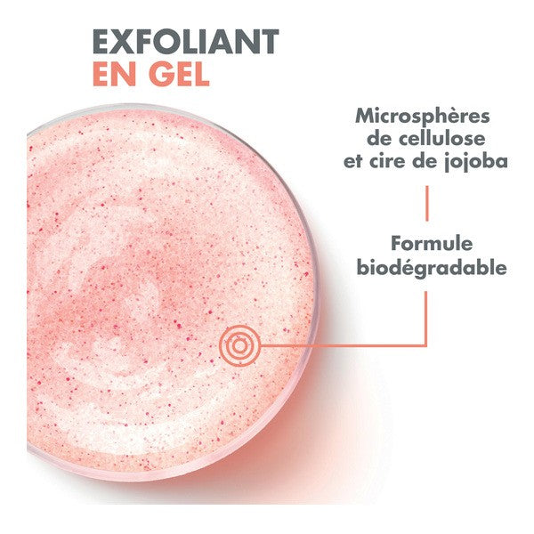 Avène Gentle Exfoliating Gel, gel texture swatch with captions in French