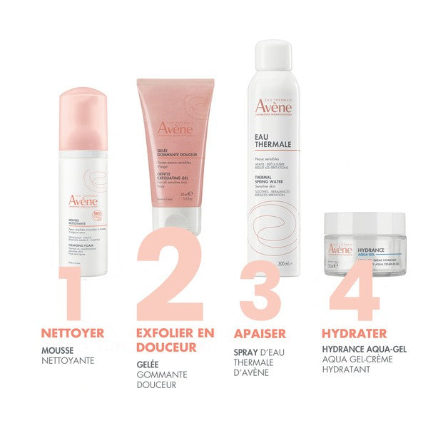 Avène Gentle Exfoliating Gel, four-step routine with cleansing foam, spring water spray and Hydrance