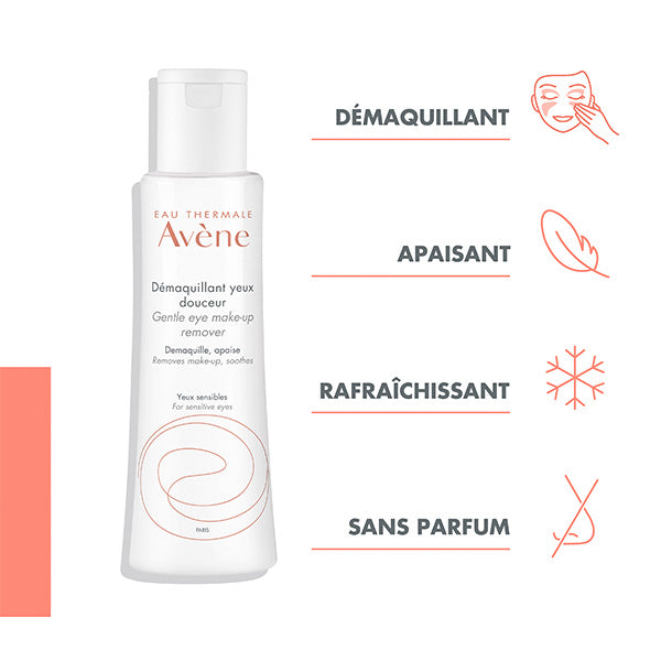 Avène Les Essentiels, bottle with four feature icons in French