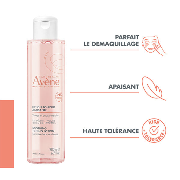 Avène Gentle Toner, bottle with three feature icons in French