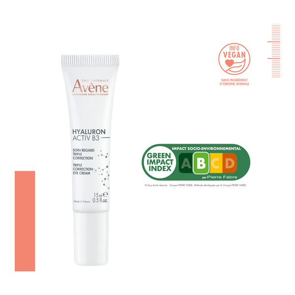 Avène Hyaluron Activ B3, tube with vegan and Green Impact Index logos