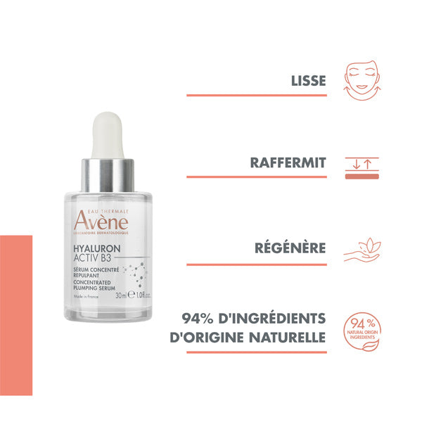Avène Hyaluron Activ B3, dropper bottle with four feature icons in French