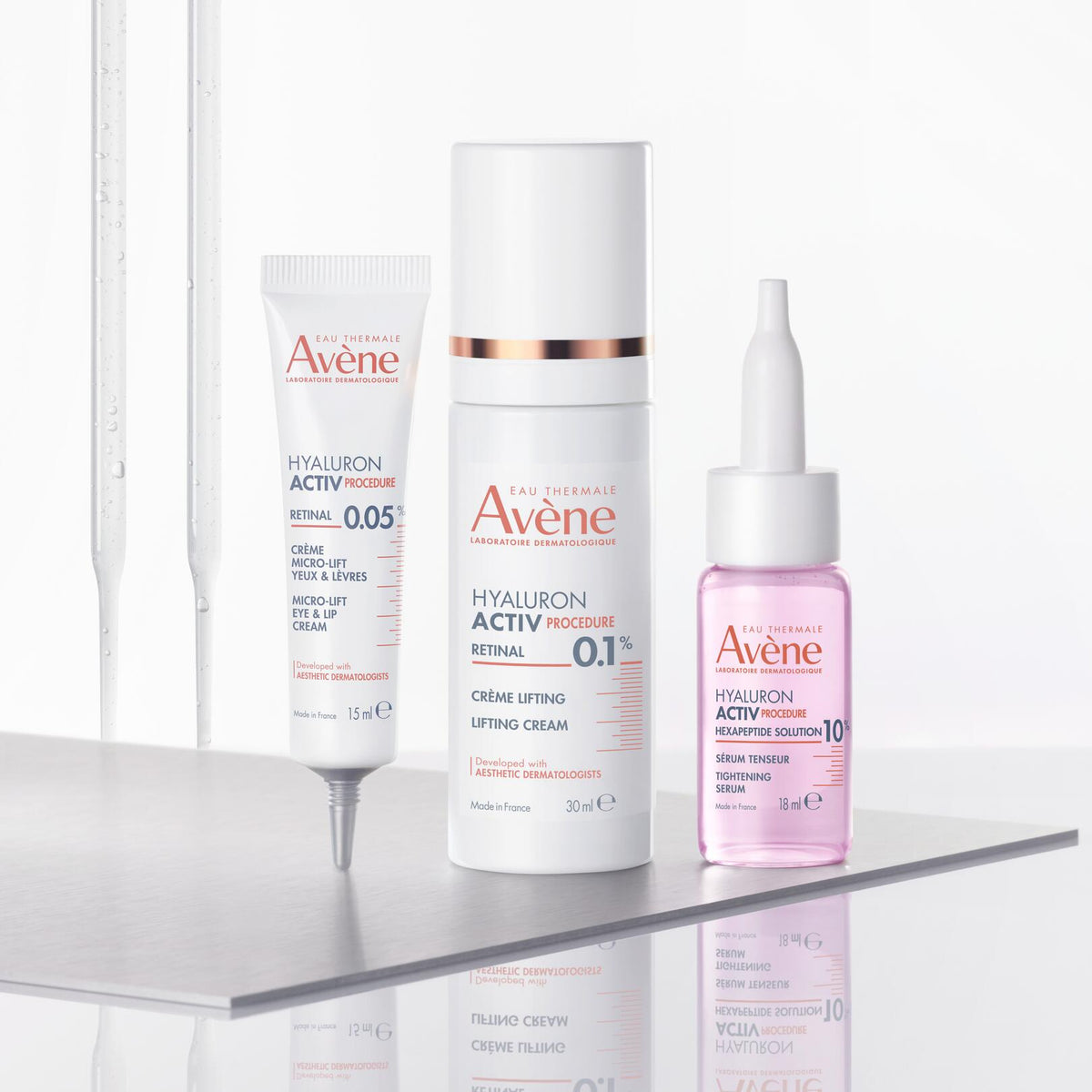 Avène Hyaluron Activ, range of three products on a steel shelf with pipettes