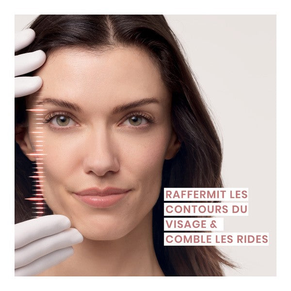 Avène Hyaluron Activ, gloved hands on a woman's face with product benefits in French