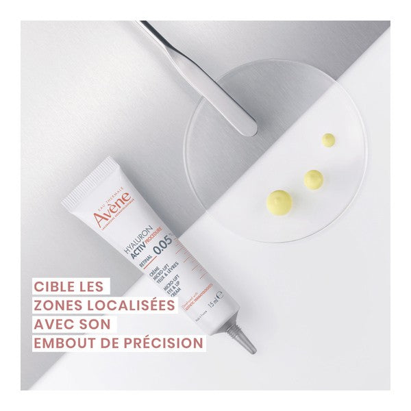 Avène Hyaluron Activ, tube and cream drops with a precision tip caption in French