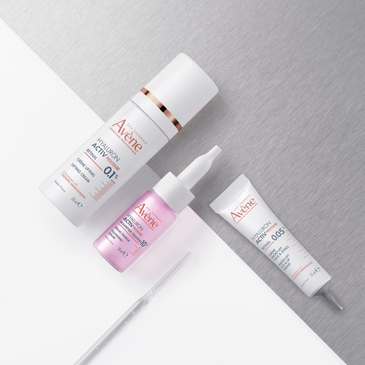 Avène Hyaluron Activ, range of three products on a grey and white background
