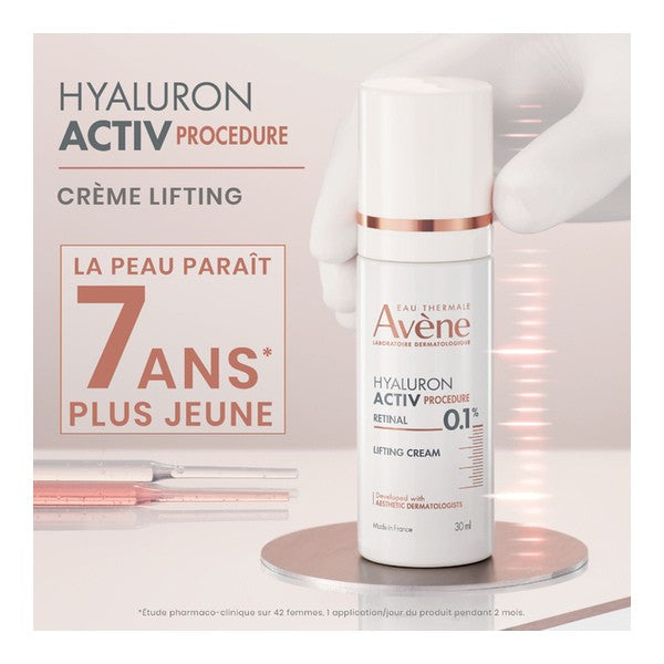 Avène Hyaluron Activ, pump bottle on a stand with study results in French