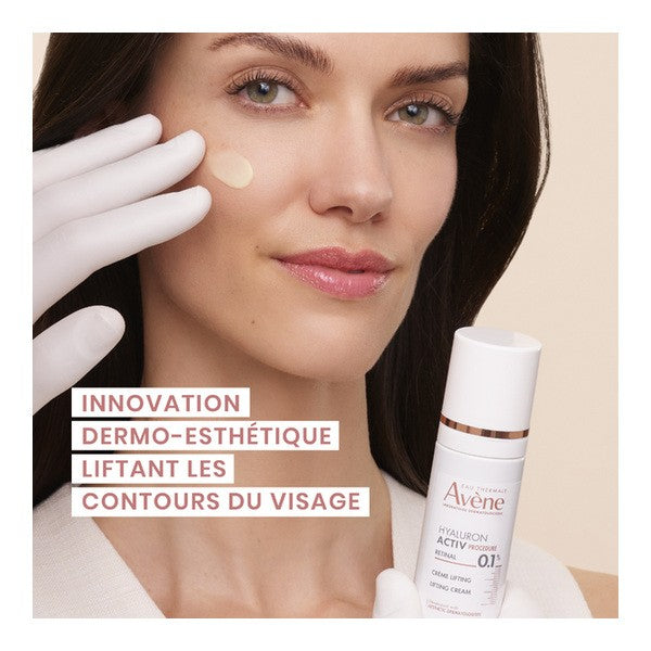 Avène Hyaluron Activ, gloved hand, pump bottle and woman's face with a caption in French