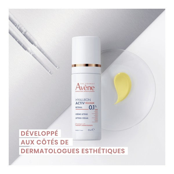Avène Hyaluron Activ, pump bottle and cream swatch with a caption in French