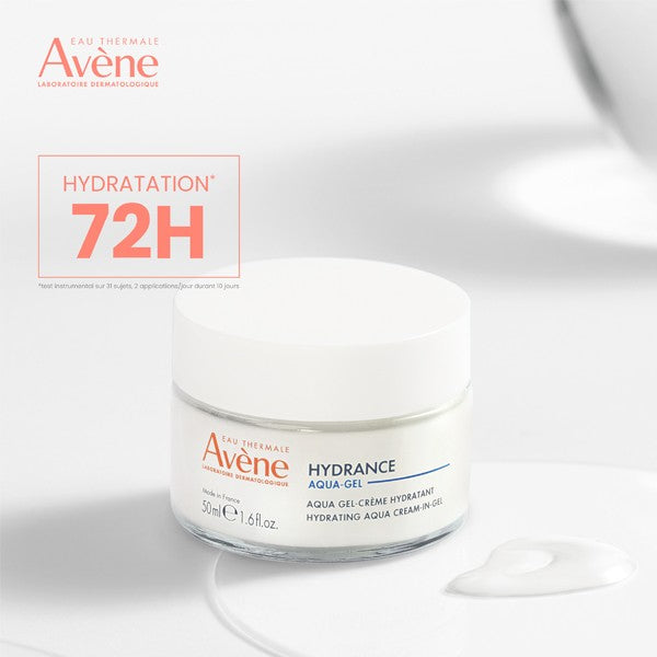 Avène Hydrance, jar and cream swatch with study results in French