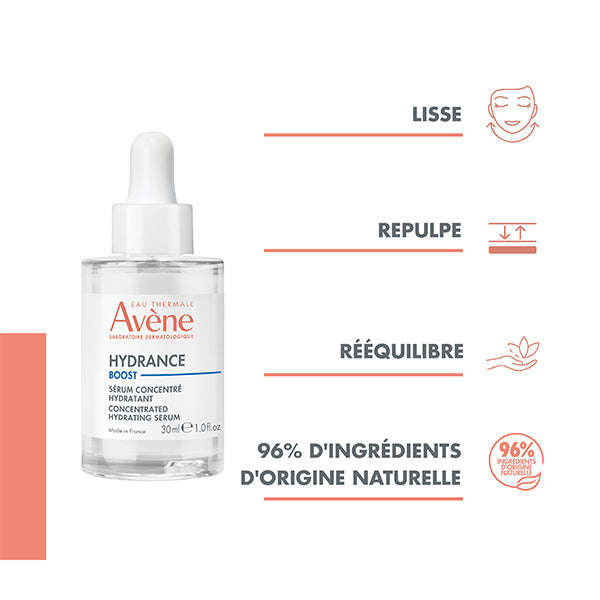 Avène Hydrance, dropper bottle with four feature icons in French