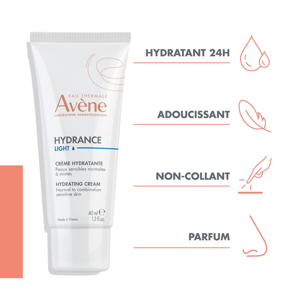 Avène Hydrance, tube with four feature icons in French