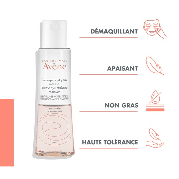 Avène Les Essentiels, bottle with four feature icons in French