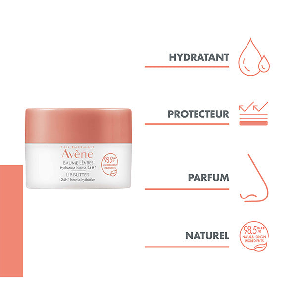 Avène Lip Balm, jar with four feature icons in French