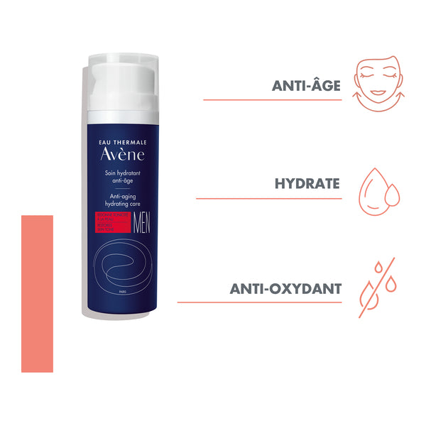 Avène Men, pump bottle with three feature icons in French