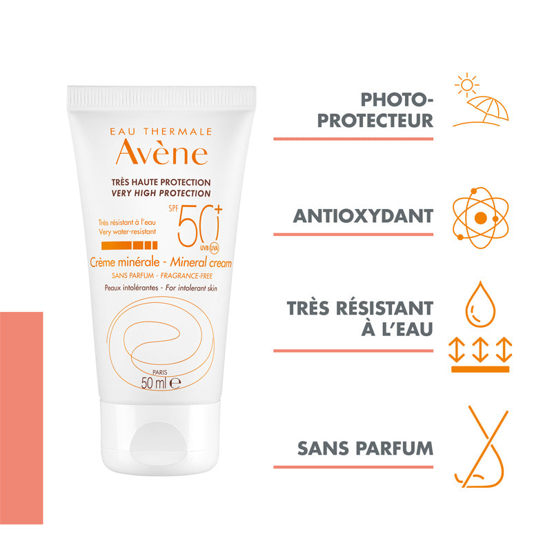 Avène Solaire, tube with four feature icons in French