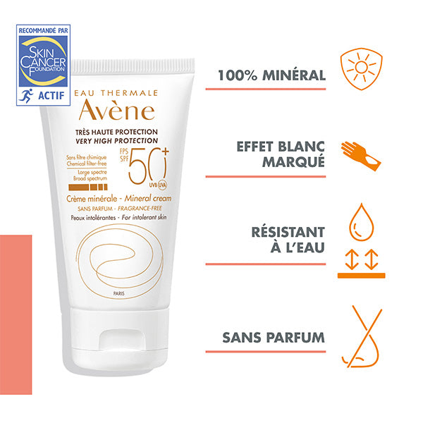 Avène Solaire, tube with four feature icons and a blue seal