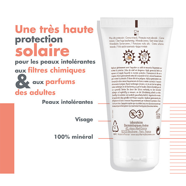 Avène Solaire, back of the tube with captions in French, close-up
