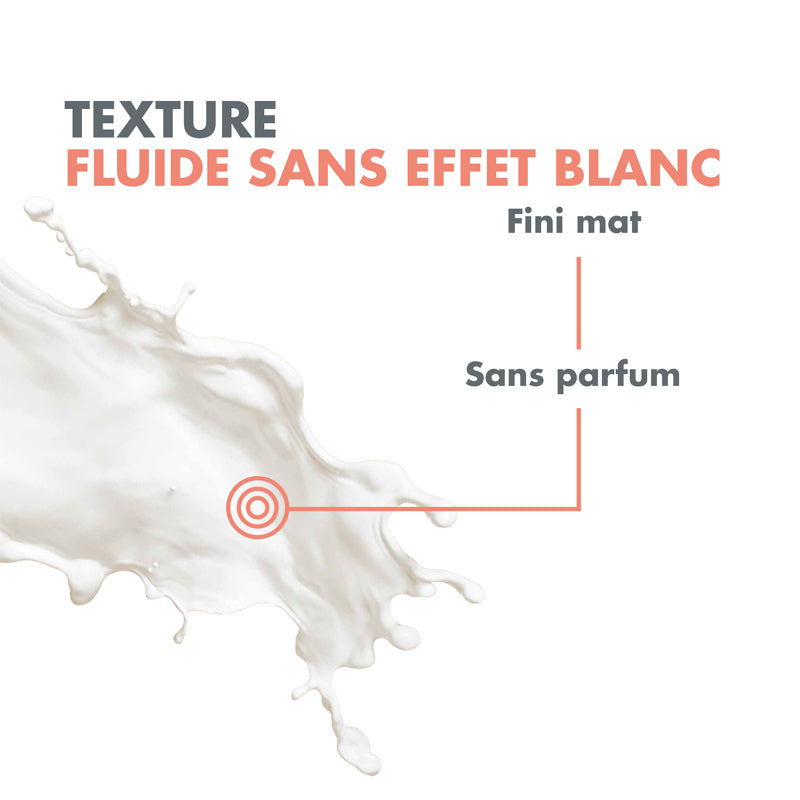 Avène Solaire, fluid texture splash with captions in French