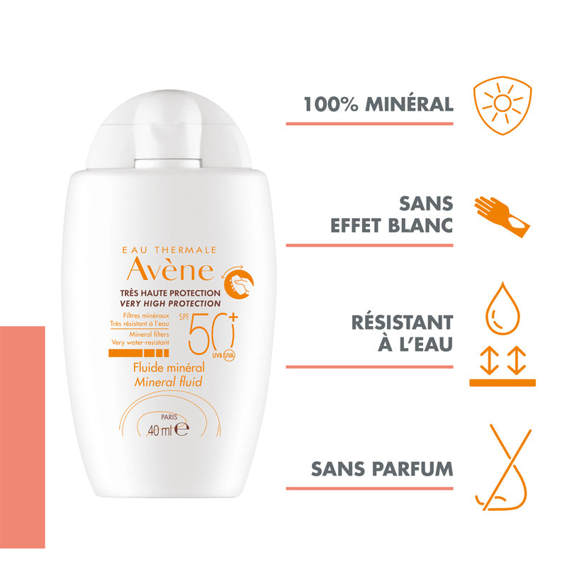 Avène Solaire, bottle with four feature icons in French