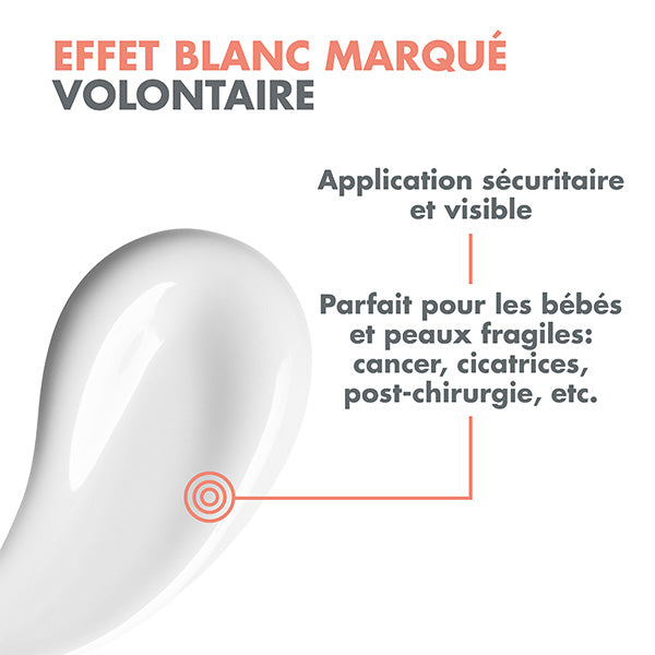 Avène Solaire, milk texture swatch with captions in French